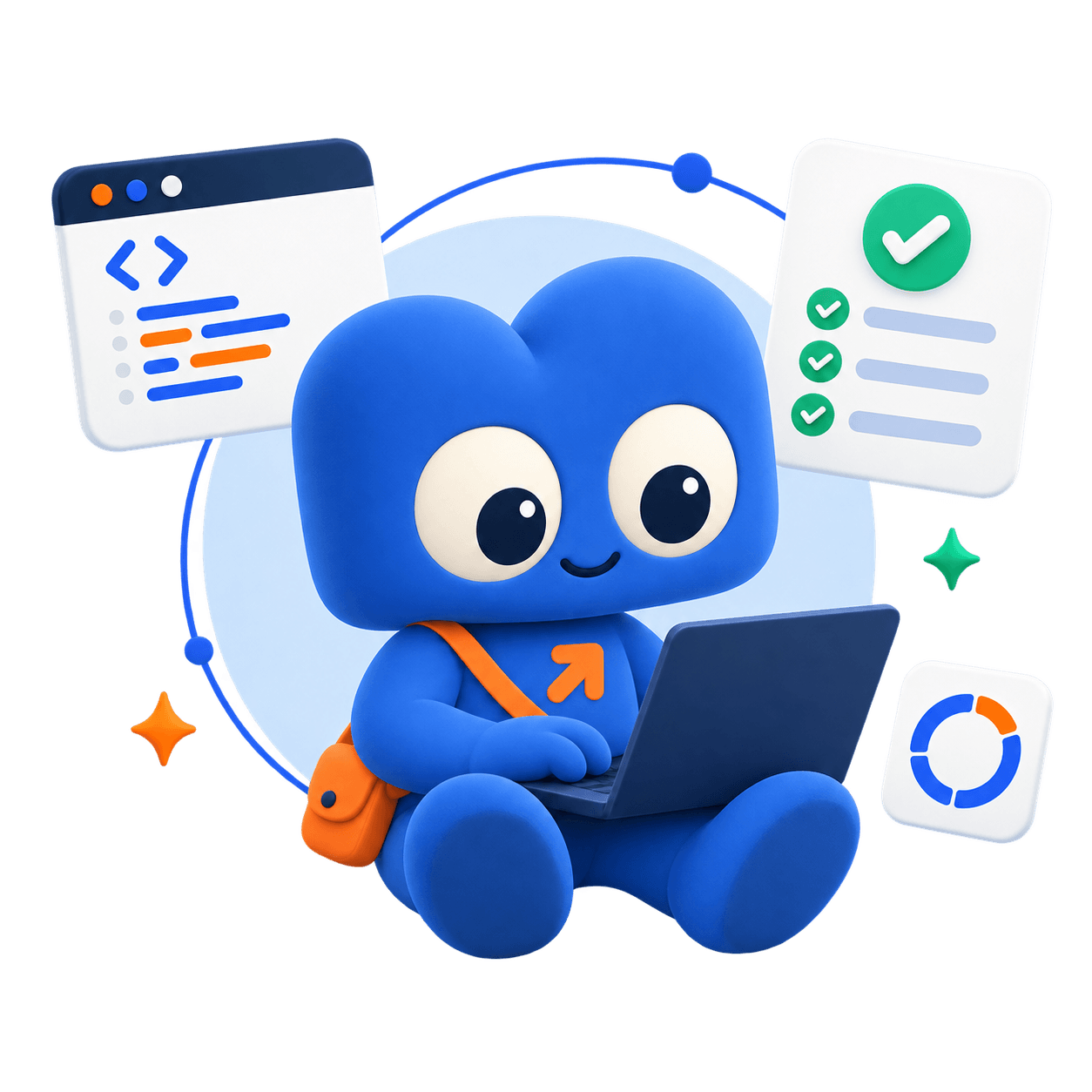 Ilustrasi maskot Noodu mengerjakan proyek di laptop, dikelilingi ikon kode, checklist, dan progres.