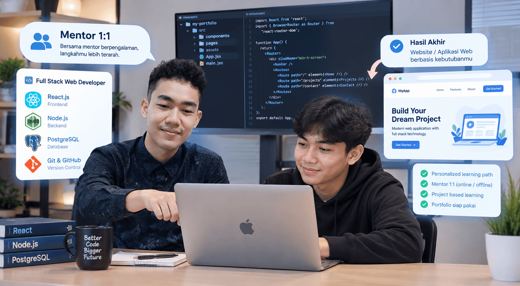 Mentor dan peserta mengerjakan proyek web bersama di satu laptop.