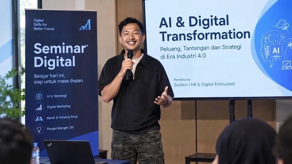 Pembicara membawakan materi AI dan transformasi digital di depan layar presentasi.