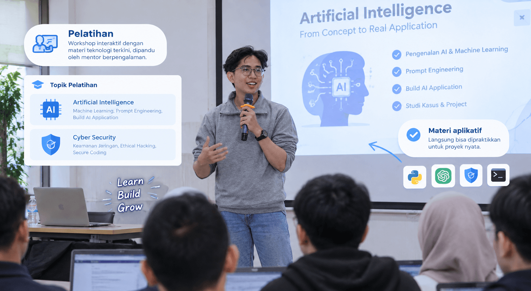 Pemateri membawakan pelatihan Artificial Intelligence di depan peserta.